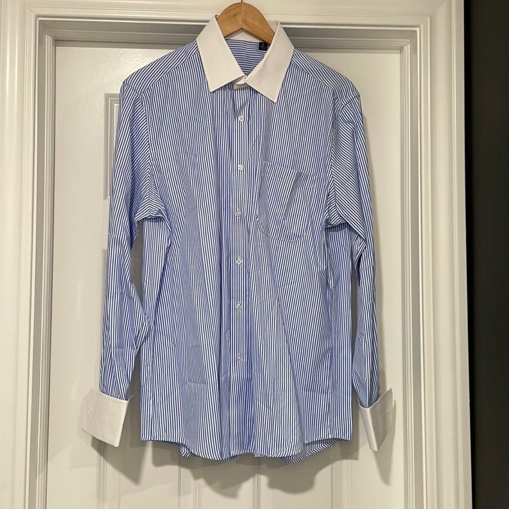 NEW J.VER Men's French Cuff Dress Shirt Regular Fit Long Sleeve Blue Stripe - 16